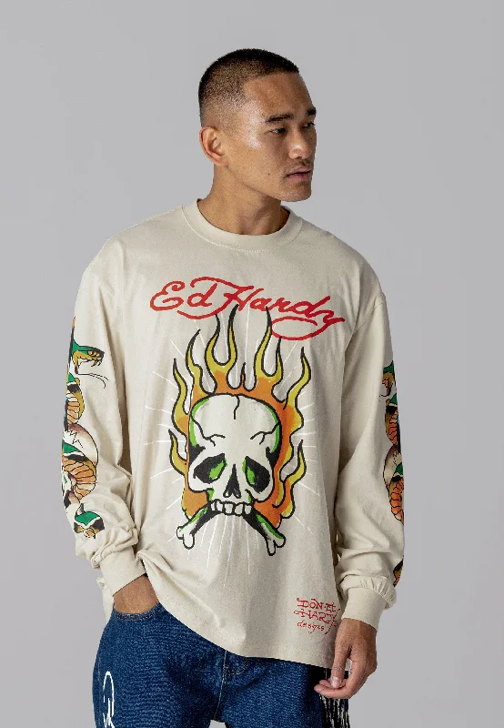 Mens Skull-Flame Long Sleeve T-Shirt - Ecru